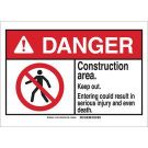 DANGER Construction Area. Keep Out. Entering Could Result In Serious Injury And Even Death. Sign - Non-reflective Aluminum - Black/Red on White - 10 x 14