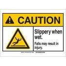 CAUTION Slippery When Wet. Falls May Result In Injury. Sign - Light Duty Plastic - Black/Yellow on White - 10 x 14