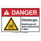 DANGER Chlorine Gas. Breathing Gas Will Result In Severe Burns Or Death. Sign - Self-sticking Polyester - Black/Red/Yellow on White - 10 x 14