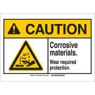 CAUTION Corrosive Materials. Wear Required Protection. Sign - Light Duty Plastic - Black/Yellow on White - 7 x 10