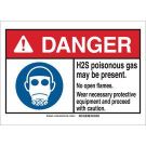 DANGER H2S Poisonous Gas May Be Present. No Open Flames. Wear Necessary Protective Equipment And Proceed With Caution.l Sign - Light Duty Plastic - Black/Red/Yellow on White - 7 x 10