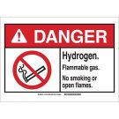 DANGER Hydrogen. Flammable Gas. No Smoking Or Open Flames. Sign - Self-sticking Polyester - Black/Red on White - 7 x 10