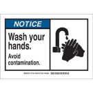 NOTICE Avoid Contamination. Wash Your Hands. Sign - Non-reflective Aluminum - Black/Blue on White - 10 x 14