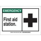 EMERGENCY First Aid Station. Sign - Light Duty Plastic - Black/Green on White - 7 x 10