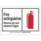 Fire Extinguisher. Remove Pin And Squeeze Trigger. Sign - Non-reflective Aluminum - Red on White - 10 x 14