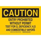 CAUTION Entry Prohibited Without Permit Test For O2 Deficiency, H2S And Combustible Vapors Sign - Light Duty Plastic - Black on Yellow - 7 x 10