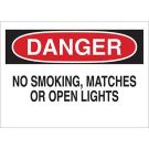 DANGER No Smoking, Matches Or Open Lights Sign - Self-sticking Polyester - Black/Red on White - 10 x 14