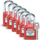 Brady Nonconductive Safety Padlocks - 6-pin Cylinder, 1.5 In. Shackle Clearance, Keyed Different, Red