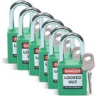 Brady Nonconductive Safety Padlocks - 6-pin Cylinder, 1.5 In. Shackle Clearance, Keyed Different, Green