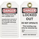 LOCKED OUT DO NOT OPERATE This lock/tag may only be removed by: Lockout Tagout Tags - Heavy Duty Polyester, 5.75 In x 3 In, Black/Red on White