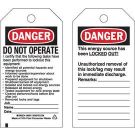 DANGER: DO NOT OPERATE Lockout Tagout Tags - Economy Polyester, 5.75 In x 3 In, Black/Red on White