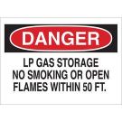 DANGER LP Gas Storage No Smoking Or Open Flames Within 50 Ft. Sign - Light Duty Plastic - Black/Red on White - 7 x 10