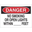 DANGER No Smoking Or Open Lights Within __Feet Sign - Self-sticking Polyester - Black/Red on White - 10 x 14