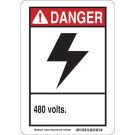 DANGER 480 Volts Sign - Light Duty Plastic - Black/Red on White - 10 x 7