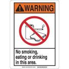 WARNING No Smoking, Eating Or Drinking In This Area. Sign - Non-reflective Aluminum - Black/Orange/Red on White - 14 x 10