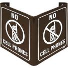 V No Cell Phones Sign - Acrylic, High Visibility V-style - White on Brown - 6 x 9