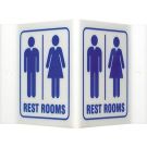 Restrooms Sign - Acrylic, High Visibility V-style - Blue on White - 6 x 9