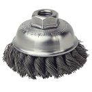 Heavy Duty Single Row Cup Brush, 3-1/2 in Dia, 5/8-11, 0.023 in Steel Knotted Standard Twist Wire