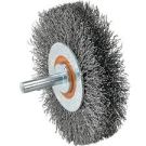 Mounted wheel brush, crimped, approx. 3″ dia. Balanced, vibration‑free cleaning, rust/scale removal, deburring.